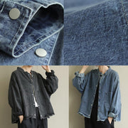 Chic denim black Plus Size clothes Work stand collar pockets outwears - SooLinen