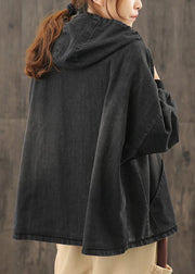 Chic denim black clothes hooded pockets baggy blouse - SooLinen