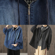 Chic denim black clothes hooded pockets baggy blouse - SooLinen