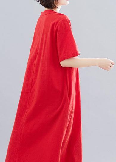 Chic embroidery cotton clothes linen red Dresses summer - SooLinen