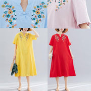 Chic embroidery cotton clothes linen red Dresses summer - SooLinen