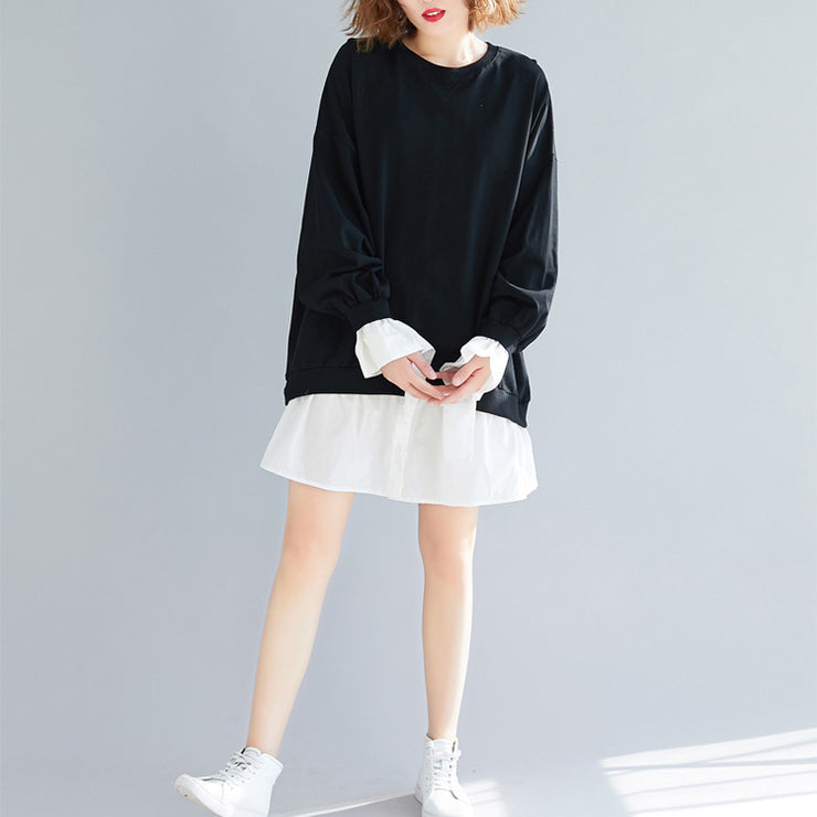 Chic flare sleeve Cotton dresses Stitches Work Outfits black shift Dress