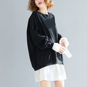Chic flare sleeve Cotton dresses Stitches Work Outfits black shift Dress