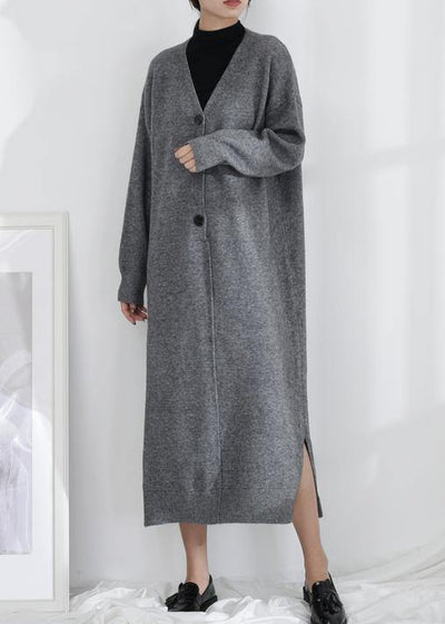 Chic gray Sweater weather Moda v neck Button Down tunic fall knit dresses - SooLinen