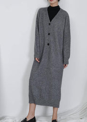 Chic gray Sweater weather Moda v neck Button Down tunic fall knit dresses - SooLinen