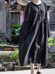 Chic gray black cotton Robes o neck long sleeve A Line spring Dress - SooLinen