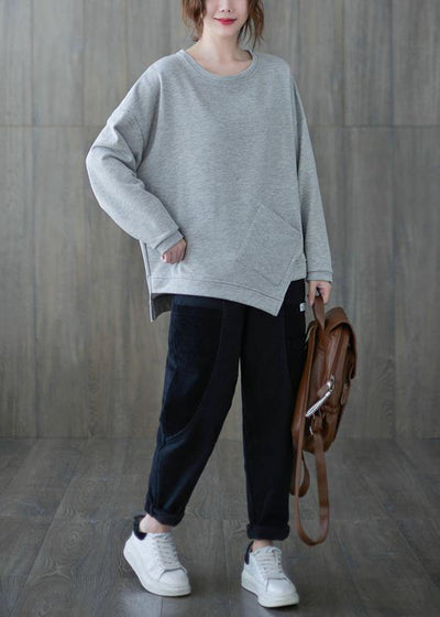 Chic gray clothes For Women o neck asymmetric Midi top - SooLinen