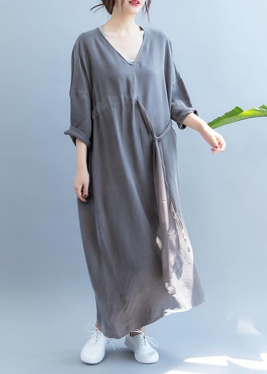 Chic gray clothes For Women v neck drawstring long summer Dress - SooLinen