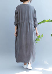 Chic gray clothes For Women v neck drawstring long summer Dress - SooLinen