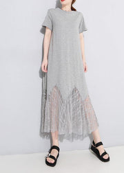Chic gray cotton clothes Women lace patchwork Maxi summer hollow out Dresses - SooLinen