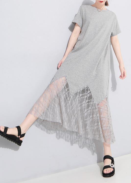 Chic gray cotton clothes Women lace patchwork Maxi summer hollow out Dresses - SooLinen