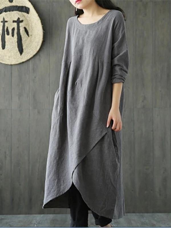 Chic gray cotton linen dress o neck asymmetric Maxi spring Dresses - SooLinen
