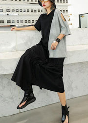 Chic gray patchwork cotton clothes For Women asymmetric hem oversized summer blouses - SooLinen