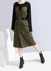 Chic green cotton dresses tie waist Plus Size patchwork Dress - SooLinen