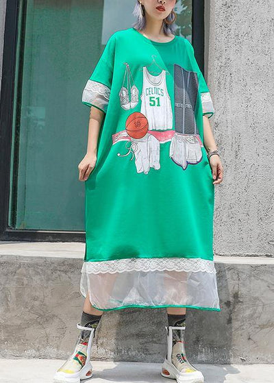 Chic green print cotton quilting clothes patchwork o neck Traveling summer Dresses - SooLinen