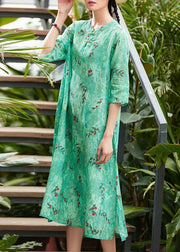 Chic green print linen Robes o neck Chinese Button summer Dresses - SooLinen