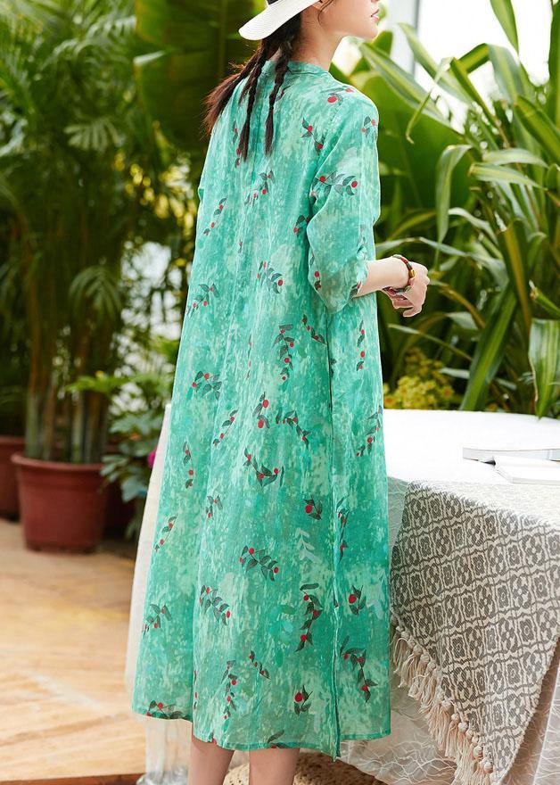 Chic green print linen Robes o neck Chinese Button summer Dresses - SooLinen