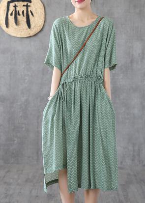 Chic green print linen dresses o neck asymmetric loose summer Dress - SooLinen