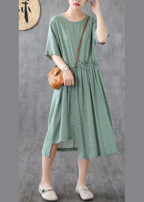 Chic green print linen dresses o neck asymmetric loose summer Dress - SooLinen