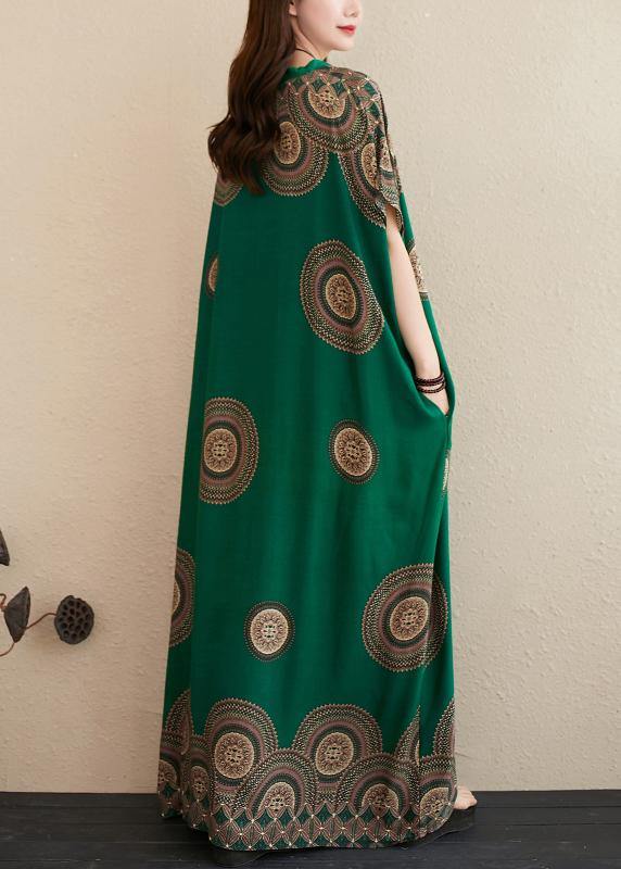 Chic green print outfit v neck Batwing Sleeve Kaftan summer Dresses - SooLinen