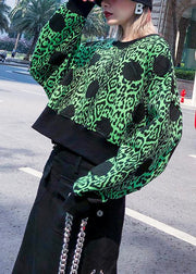 Chic green prints cotton clothes long sleeve o neck shirts - SooLinen