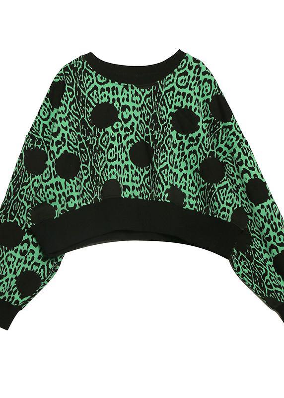 Chic green prints cotton clothes long sleeve o neck shirts - SooLinen
