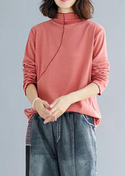 Chic high neck cotton tunics for women Cotton pink shirt - SooLinen