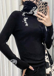 Chic high neck tops women black Letter silhouette tops - SooLinen