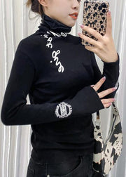 Chic high neck tops women black Letter silhouette tops - SooLinen
