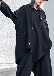 Chic hooded asymmetric cotton tunic Fabrics black blouse - SooLinen