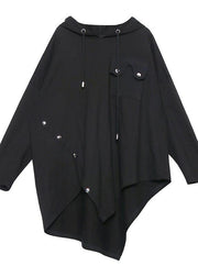 Chic hooded asymmetric cotton tunic Fabrics black blouse - SooLinen