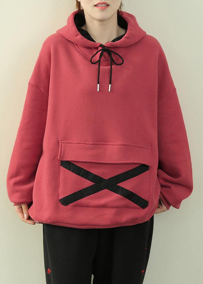 Chic hooded drawstring clothes pink tunic shirt - SooLinen
