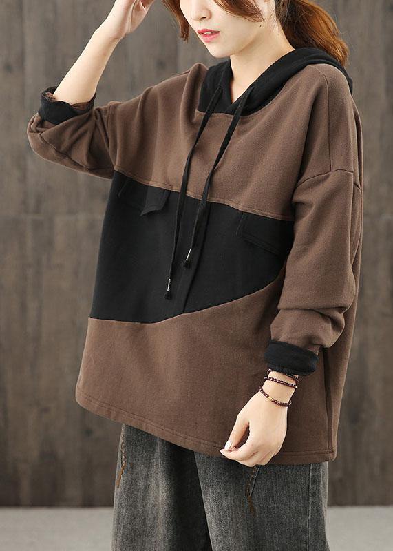 Chic hooded patchwork Blouse Tutorials chocolate tops - SooLinen