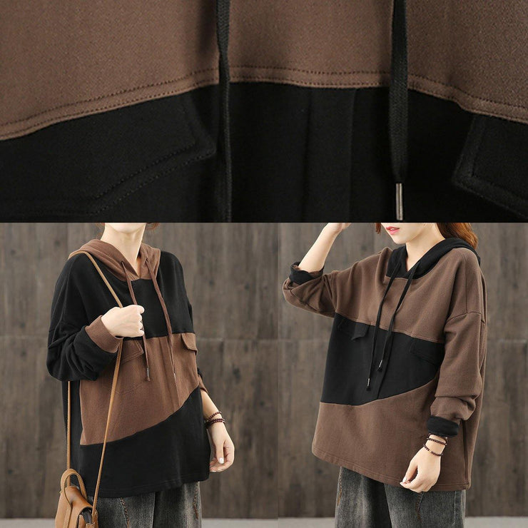 Chic hooded patchwork Blouse Tutorials chocolate tops - SooLinen