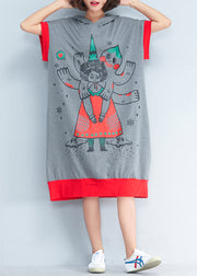 Chic hooded patchwork Cotton dresses Women Inspiration gray print baggy Dresses Summer