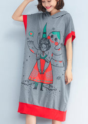 Schicke Patchwork-Baumwollkleider mit Kapuze Damen Inspiration graue Baggy-Kleider mit Aufdruck Sommer
