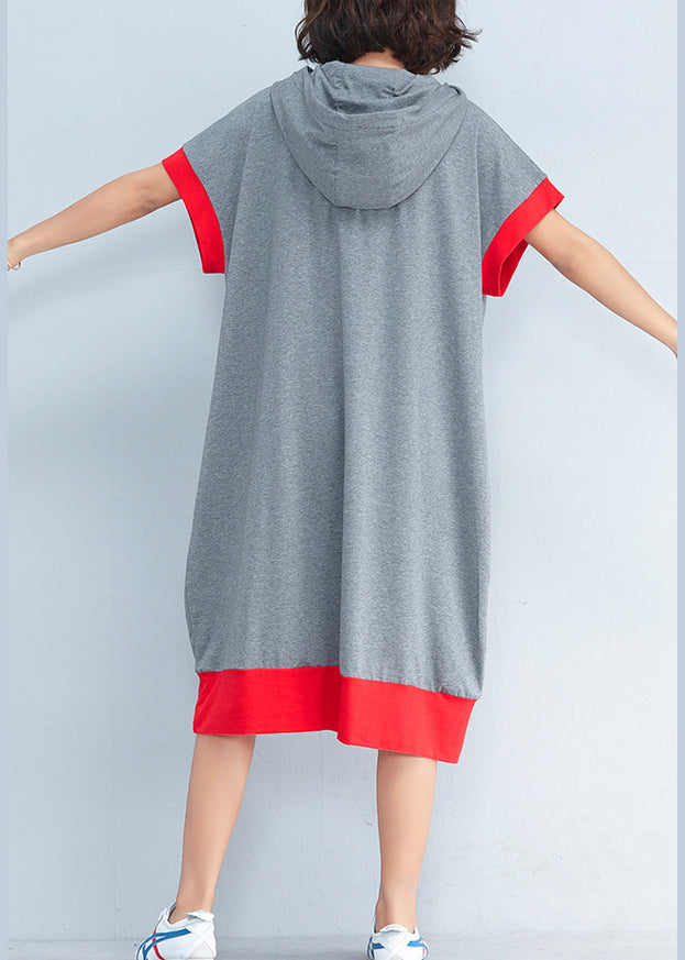 Chic hooded patchwork Cotton dresses Women Inspiration gray print baggy Dresses Summer