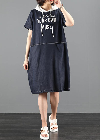 Chic hooded patchwork Tunics Sleeve navy Letter Dresses - SooLinen