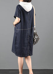 Chic hooded patchwork Tunics Sleeve navy Letter Dresses - SooLinen