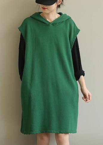 Chic hooded pockets fall Tunic Sleeve green Dress - SooLinen
