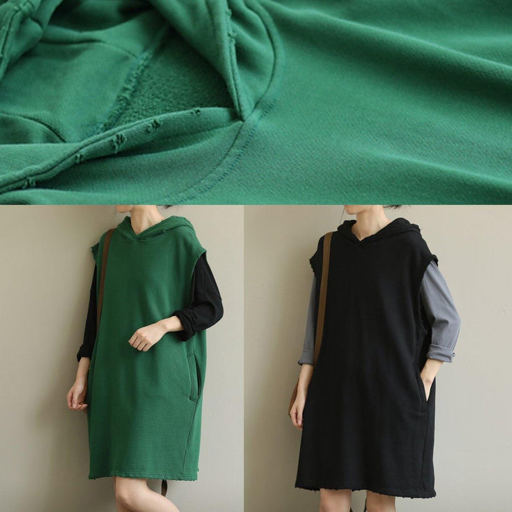 Chic hooded pockets fall Tunic Sleeve green Dress - SooLinen