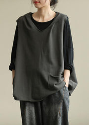 Chic hooded sleeveless tops women Work gray blouse - SooLinen
