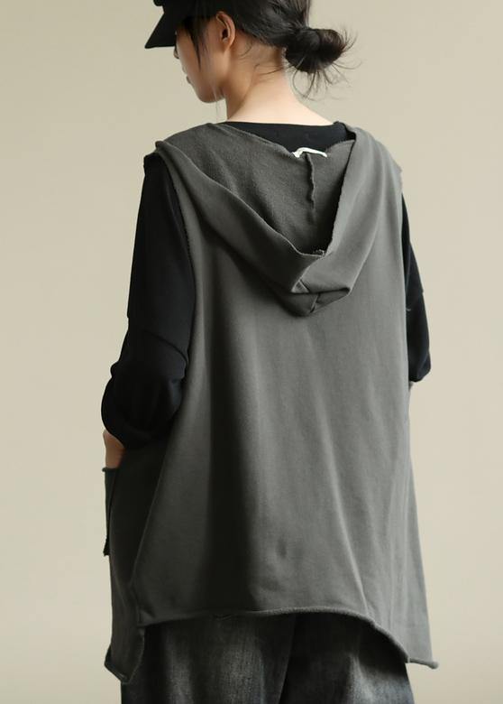 Chic hooded sleeveless tops women Work gray blouse - SooLinen
