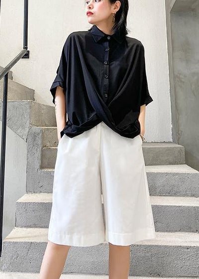 Chic lapel asymmetric cotton shirts Tunic Tops black blouse - SooLinen