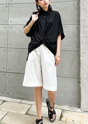 Chic lapel asymmetric cotton shirts Tunic Tops black blouse - SooLinen