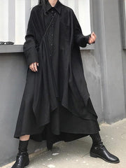 Chic lapel asymmetric cotton spring for women black A Line shirt Dresses - SooLinen