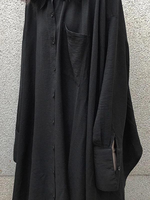 Chic lapel asymmetric cotton spring for women black A Line shirt Dresses - SooLinen