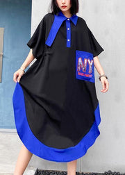 Chic lapel asymmetric cotton summer dresses pattern black cotton Dress - SooLinen