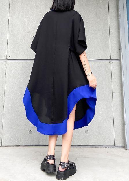 Chic lapel asymmetric cotton summer dresses pattern black cotton Dress - SooLinen