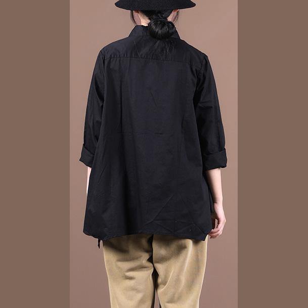 Chic lapel large hem fall shirts women Work Outfits black tops - SooLinen